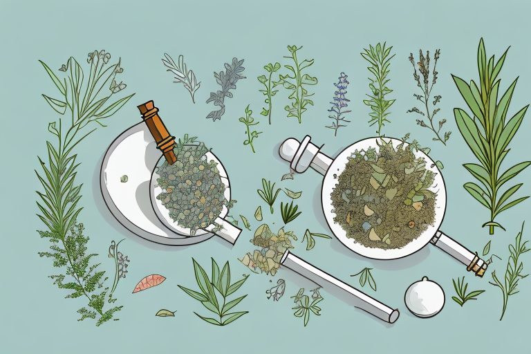 A mortar and pestle with various medicinal herbs and plants