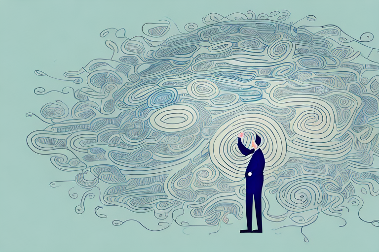 A person surrounded by a chaotic swirl of thoughts and ideas