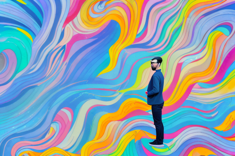 A person standing in front of a wall of swirling