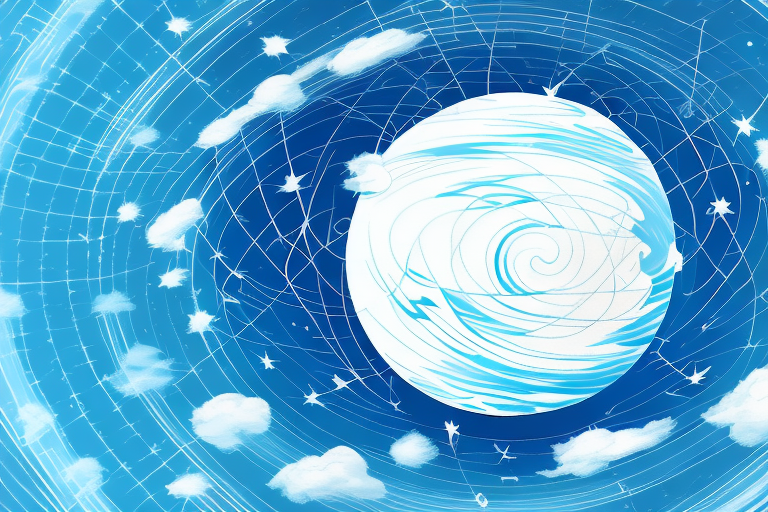A globe surrounded by a swirling vortex of clouds and stars