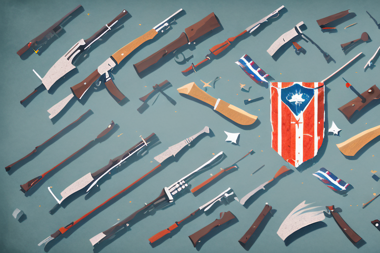 A battlefield with weapons and flags to represent war