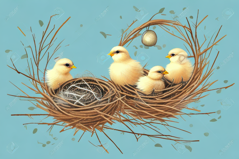 A mother bird with her chicks in a nest