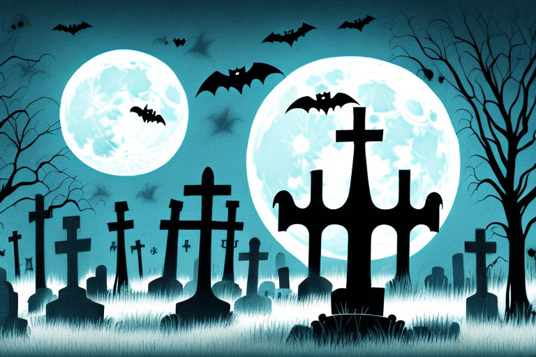A spooky graveyard scene with a full moon in the background