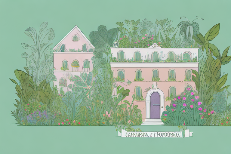 A house surrounded by a garden of plants and animals
