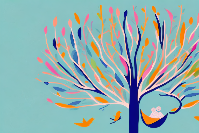A colorful tree with a nest of birds in its branches