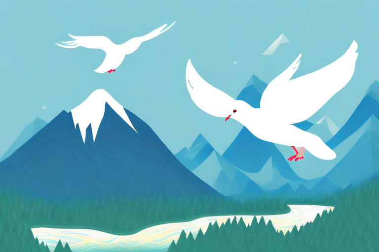 A white dove flying over a sparkling river with a sunlit mountain in the background
