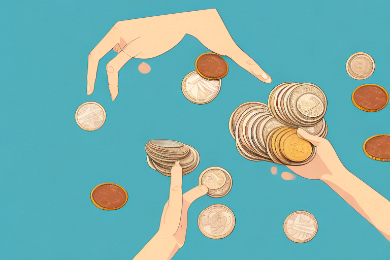 A hand reaching for a pile of coins