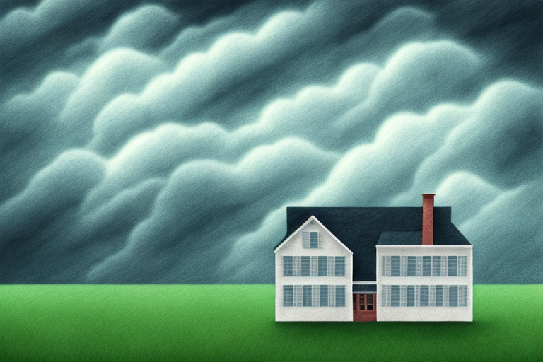 A broken home with a stormy sky in the background