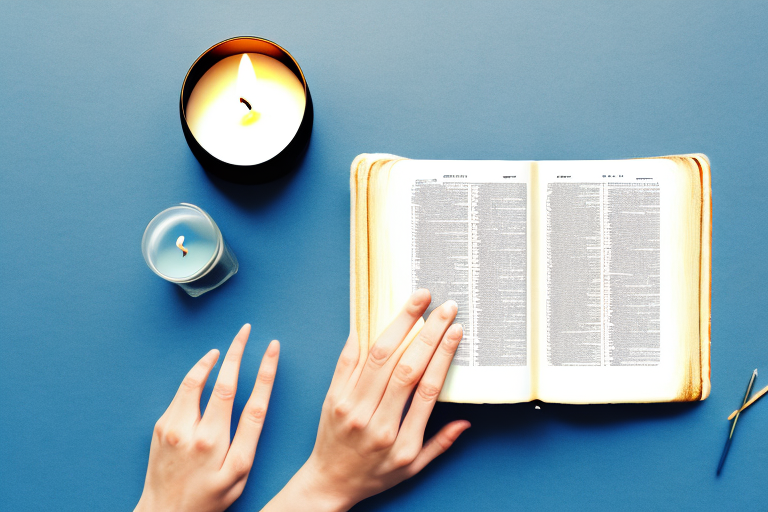 A lit candle surrounded by a bible