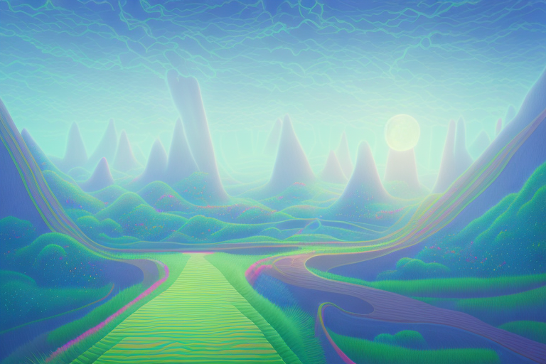 A dream-like landscape with a path leading to a bright future