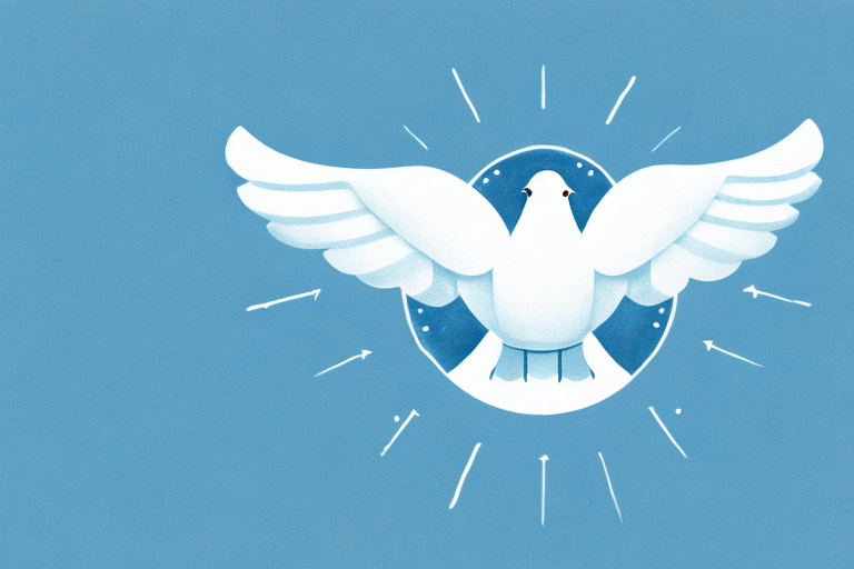 A white dove flying in a blue sky with a halo of light around it