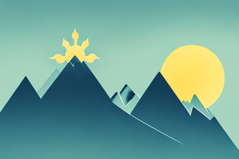 A mountain peak with a sun rising above it
