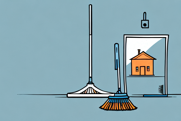 A house with a broom and cleaning supplies in front of it
