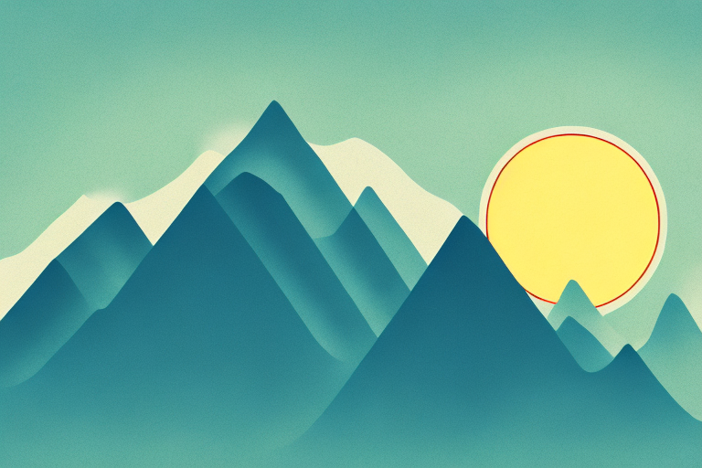 A mountain peak with a sun rising over it