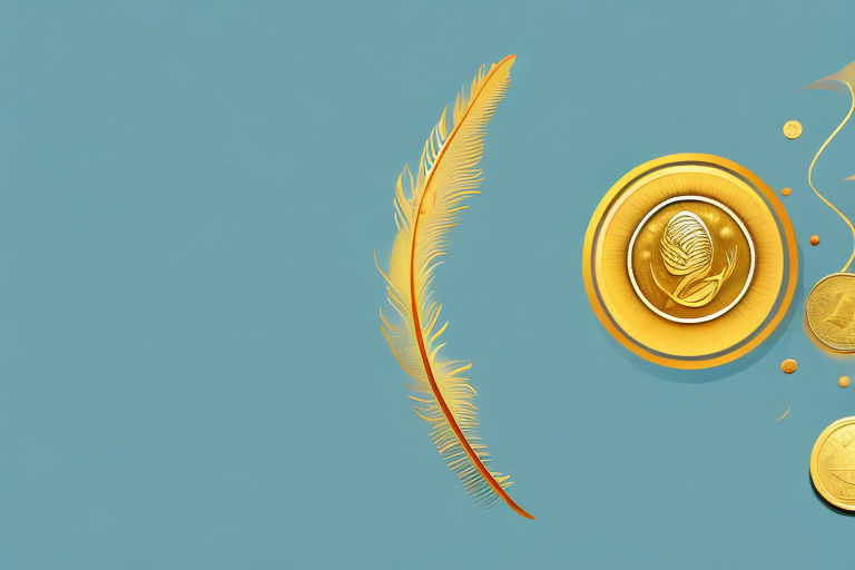 A golden scale with a feather on one side and a coin on the other