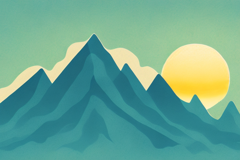 A mountain peak with a sun rising behind it
