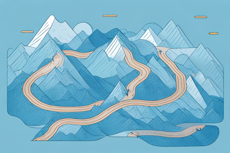A mountain range with a winding path leading to a peak