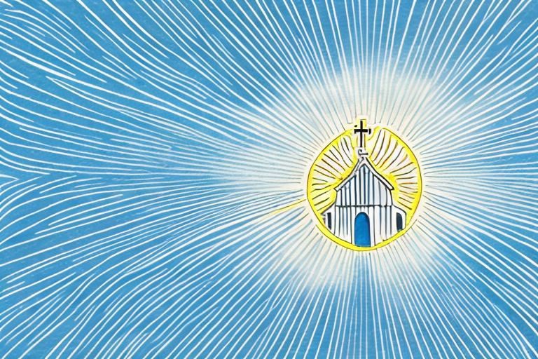 A church building with a sunburst of light radiating from the roof