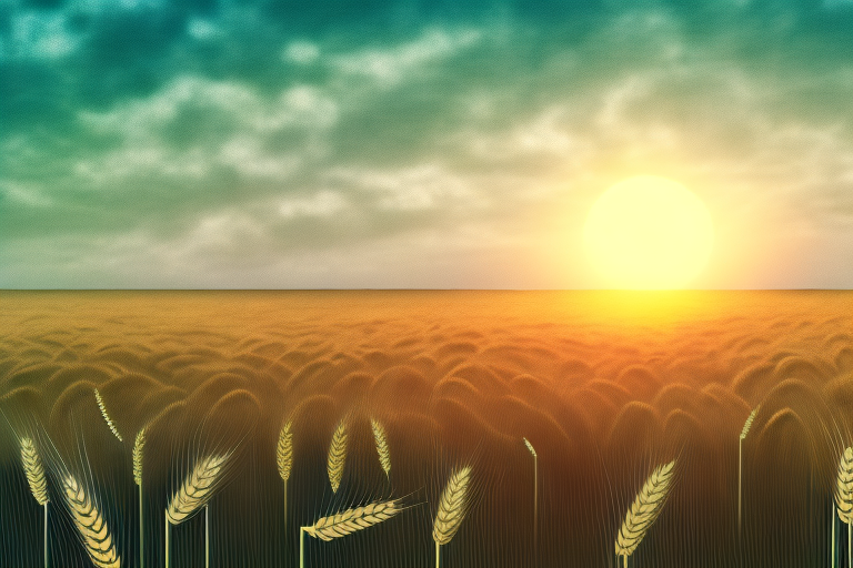 A field of wheat with a setting sun in the background
