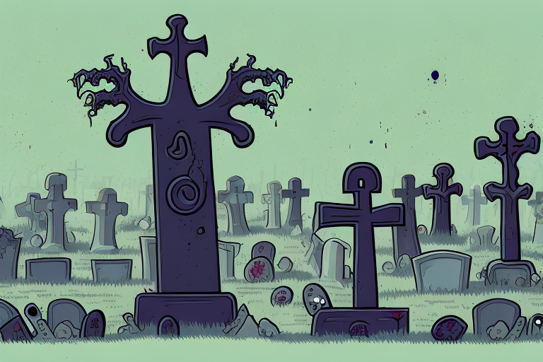 A graveyard with a zombie emerging from a grave