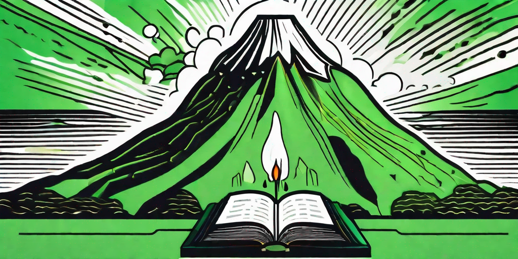 A volcano erupting with a bible opened at the foreground