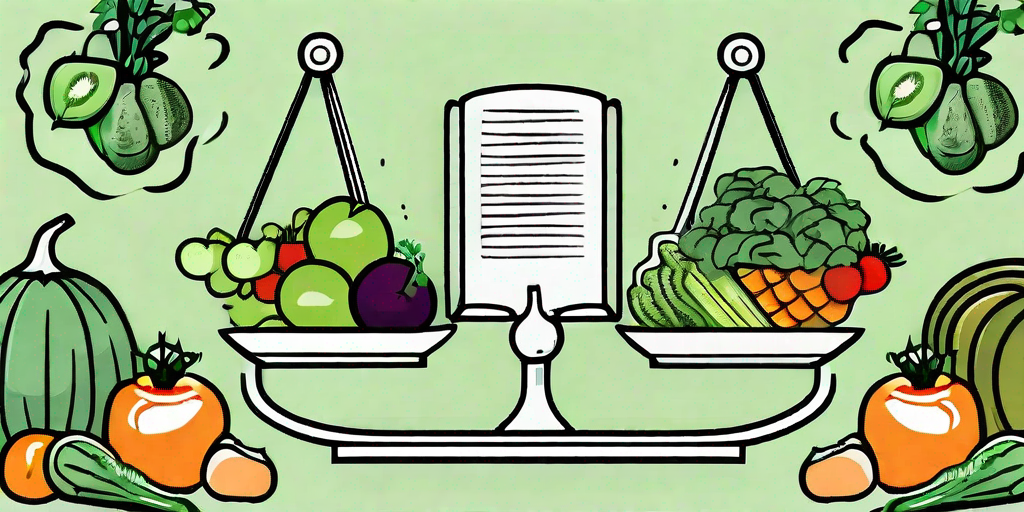 A balanced scale with a bible on one side and various healthy fruits and vegetables on the other