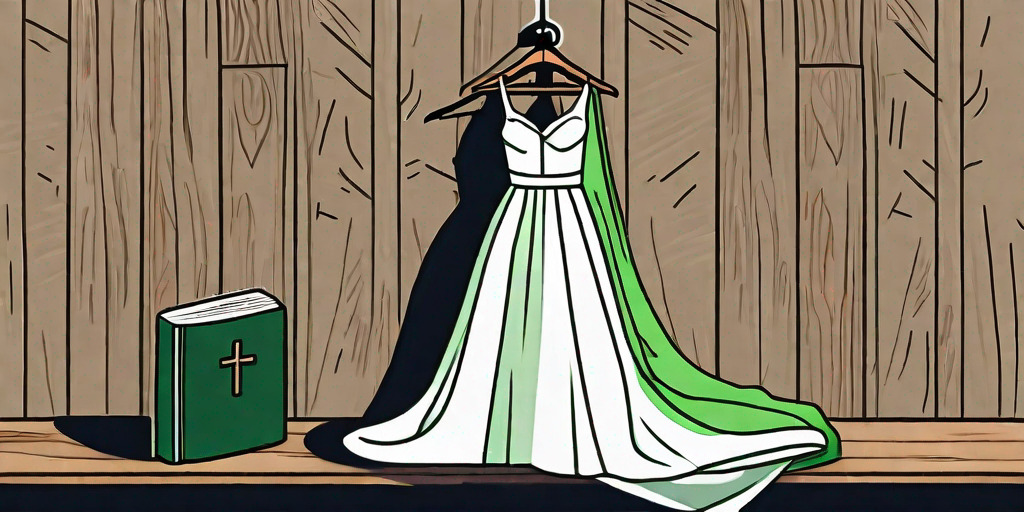 A white wedding dress draped over a wooden hanger